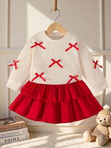 SHEIN Playful Pals 2 件套女童针织圆领长袖运动衫，带蝴蝶装饰和迷你蛋糕裙，适合外出，涤纶制成，可机洗，适合返校季、圣诞节、万圣节、家庭聚会 - 彩色 - 查看 9