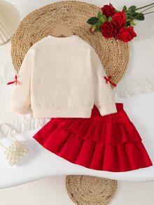 SHEIN Playful Pals 2 件套女童针织圆领长袖运动衫，带蝴蝶装饰和迷你蛋糕裙，适合外出，涤纶制成，可机洗，适合返校季、圣诞节、万圣节、家庭聚会 - 彩色 - 查看 2