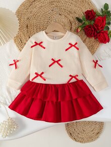 SHEIN Playful Pals 2 件套女童针织圆领长袖运动衫，带蝴蝶装饰和迷你蛋糕裙，适合外出，涤纶制成，可机洗，适合返校季、圣诞节、万圣节、家庭聚会 - 彩色 - 查看 5