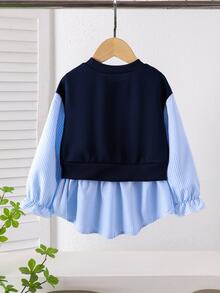 Genkimix Kids Young Girls Sweatshirt Fake Two Piece Striped Patchwork Pullover Preppy Style Embroidered Bow Long Sleeve Tops Autumn Winter Clothes - Blue - View 2