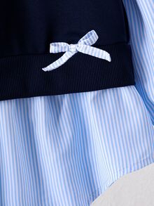 Genkimix Kids Young Girls Sweatshirt Fake Two Piece Striped Patchwork Pullover Preppy Style Embroidered Bow Long Sleeve Tops Autumn Winter Clothes - Blue - View 4