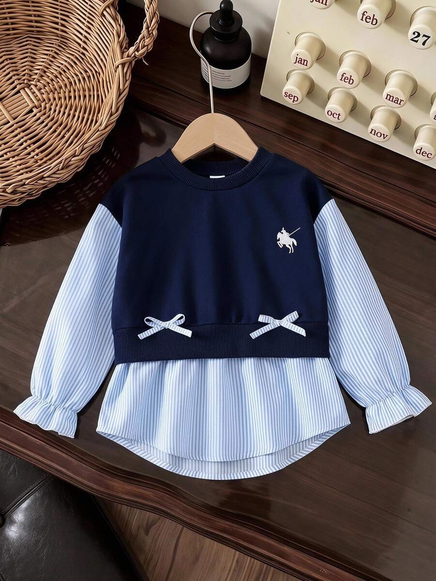 Genkimix Kids Young Girls Sweatshirt Fake Two Piece Striped Patchwork Pullover Preppy Style Embroidered Bow Long Sleeve Tops Autumn Winter Clothes - Blue - View 1