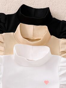 SHEIN Young Girl Casual Heart Print Puff Sleeve T-Shirt, Autumn - Multicolor - View 3
