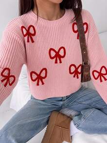 Pink Cute Bow Knit Pullover Sweater, Autumn Back-To-School Tween Girl Clothes, Versatile Cropped Christmas Sweaters, Teen School Girl - Pink - View 1