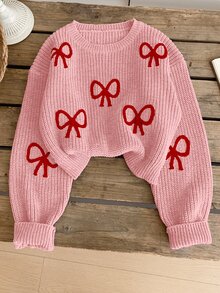 Pink Cute Bow Knit Pullover Sweater, Autumn Back-To-School Tween Girl Clothes, Versatile Cropped Christmas Sweaters, Teen School Girl - Pink - View 3