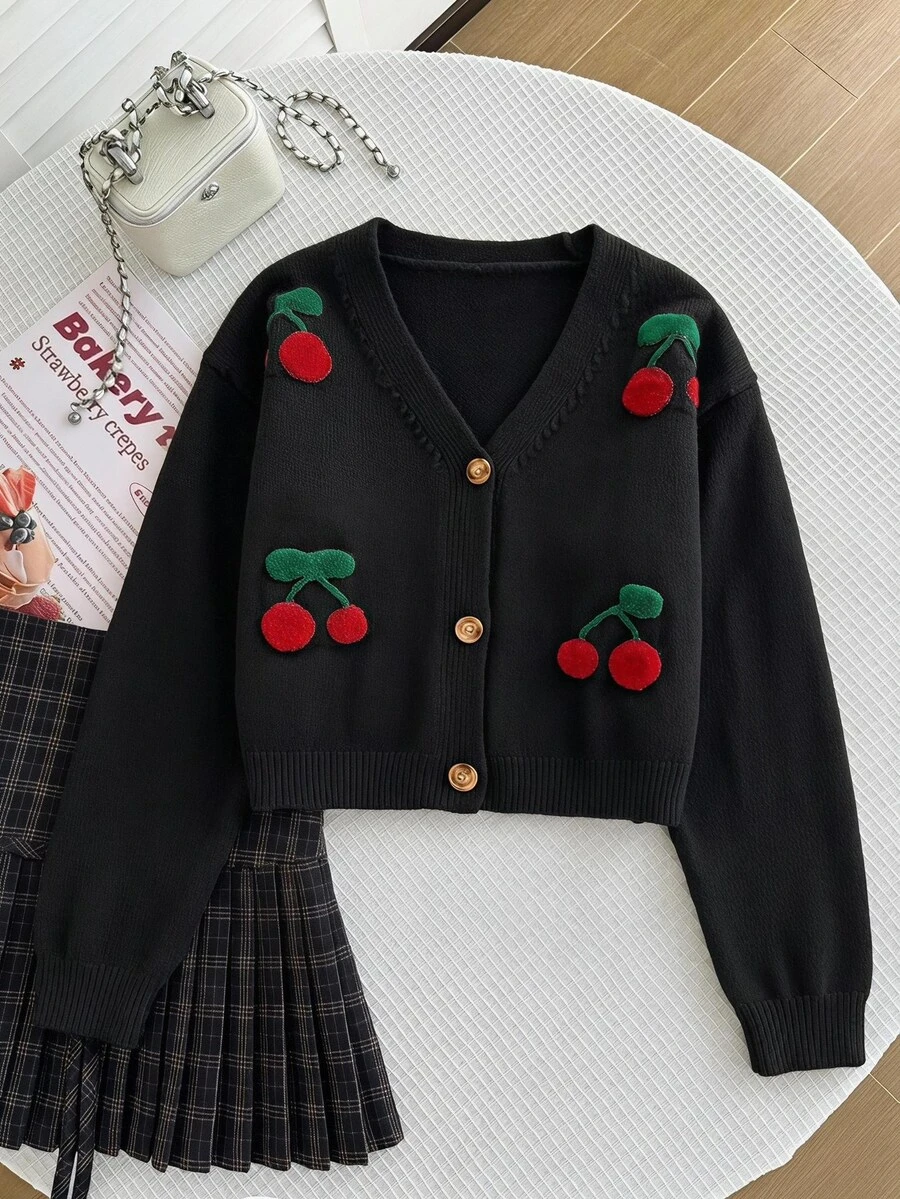 SHEIN Tween Girl Casual School Girl Cute Cherry Print Cardigan Clothes Cropped Sweaters Button S Spring And Autumn Suit Jacket Little Children Black - Black - View 1