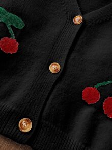 SHEIN Tween Girl Casual School Girl Cute Cherry Print Cardigan Clothes Cropped Sweaters Button S Spring And Autumn Suit Jacket Little Children Black - Black - View 4