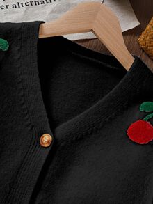SHEIN Tween Girl Casual School Girl Cute Cherry Print Cardigan Clothes Cropped Sweaters Button S Spring And Autumn Suit Jacket Little Children Black - Black - View 3