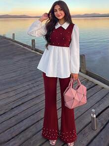2pcs/Set Tween Girls Casual Striped Long Sleeve Shirt And Stretch Flare Pants Outfit, Suitable For Autumn/Winter - Red - View 1