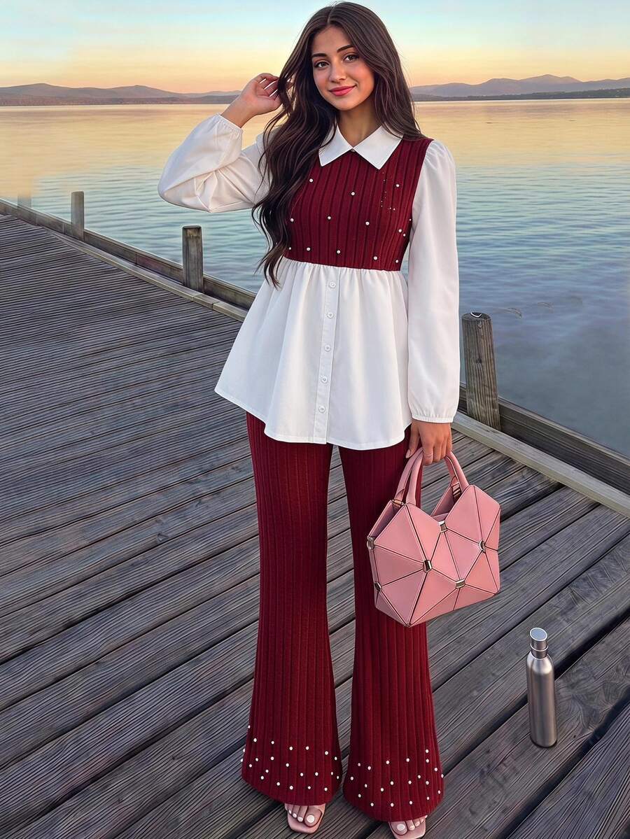 2pcs/Set Tween Girls Casual Striped Long Sleeve Shirt And Stretch Flare Pants Outfit, Suitable For Autumn/Winter - Red - View 1