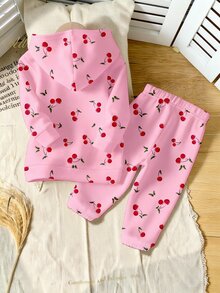 SHEIN Playful Pals 女童 1 套櫻桃滿版印花連帽衛衣與運動長褲，長袖可愛休閒粉色秋冬日常穿著 - 彩色 - 查看 2