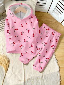 SHEIN Playful Pals 女童 1 套櫻桃滿版印花連帽衛衣與運動長褲，長袖可愛休閒粉色秋冬日常穿著 - 彩色 - 查看 4
