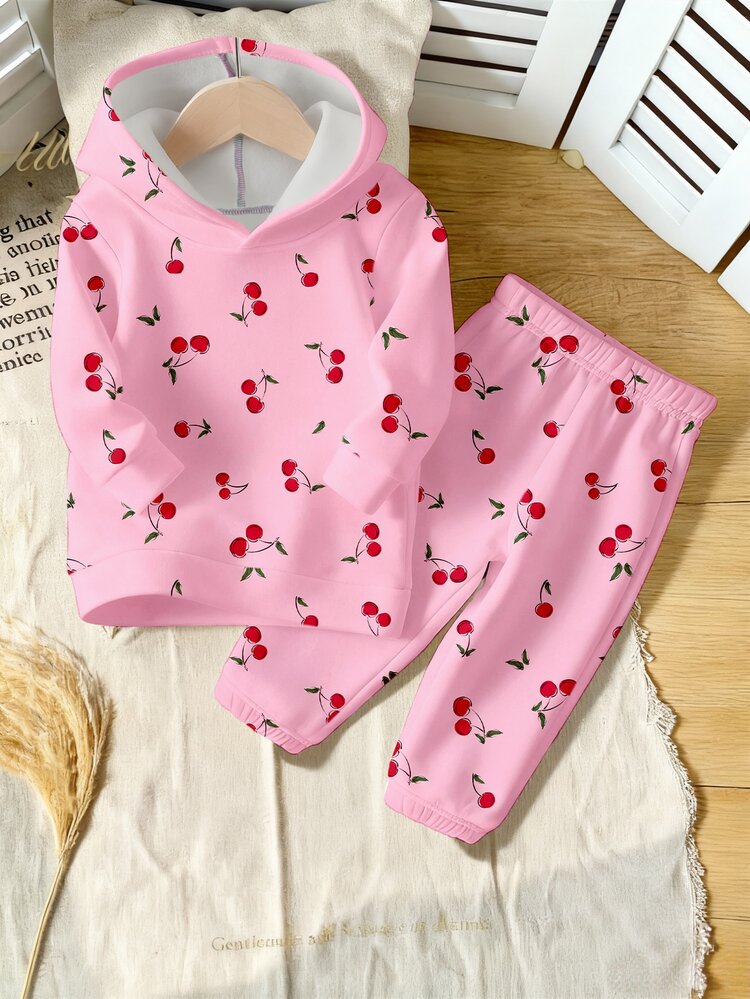 SHEIN Playful Pals Young Girls 1 Set Cherry All‑Over Print Hoodie & Sweatpants Long Sleeve Cute Casual Pink Fall Winter Daily Clothes - Multicolor - View 4