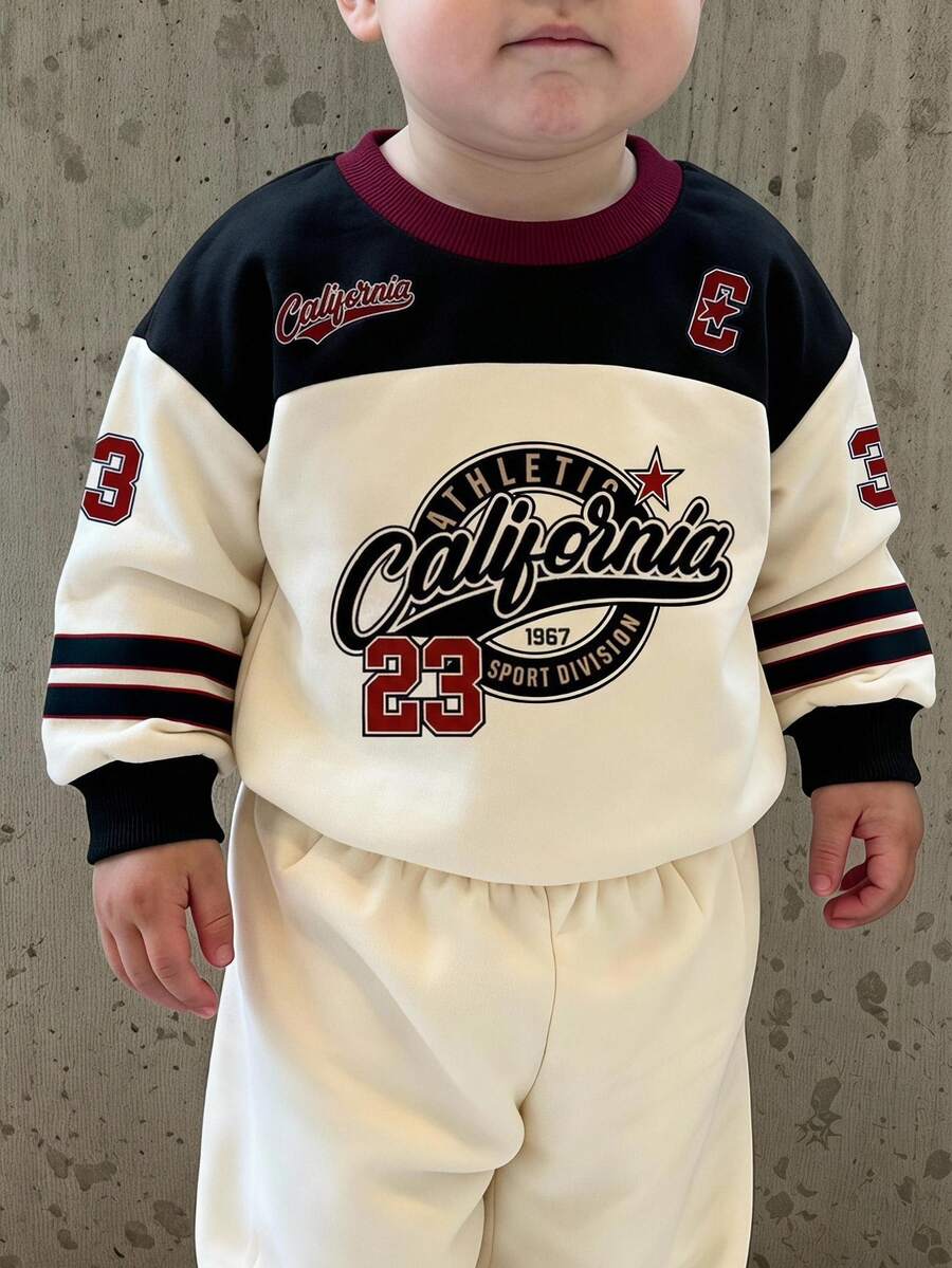 SHEIN 男童休闲运动风23号及加州字母印花圆领卫衣,秋季款,舒适易穿,适合秋季叠穿 - 彩色 - 查看 1