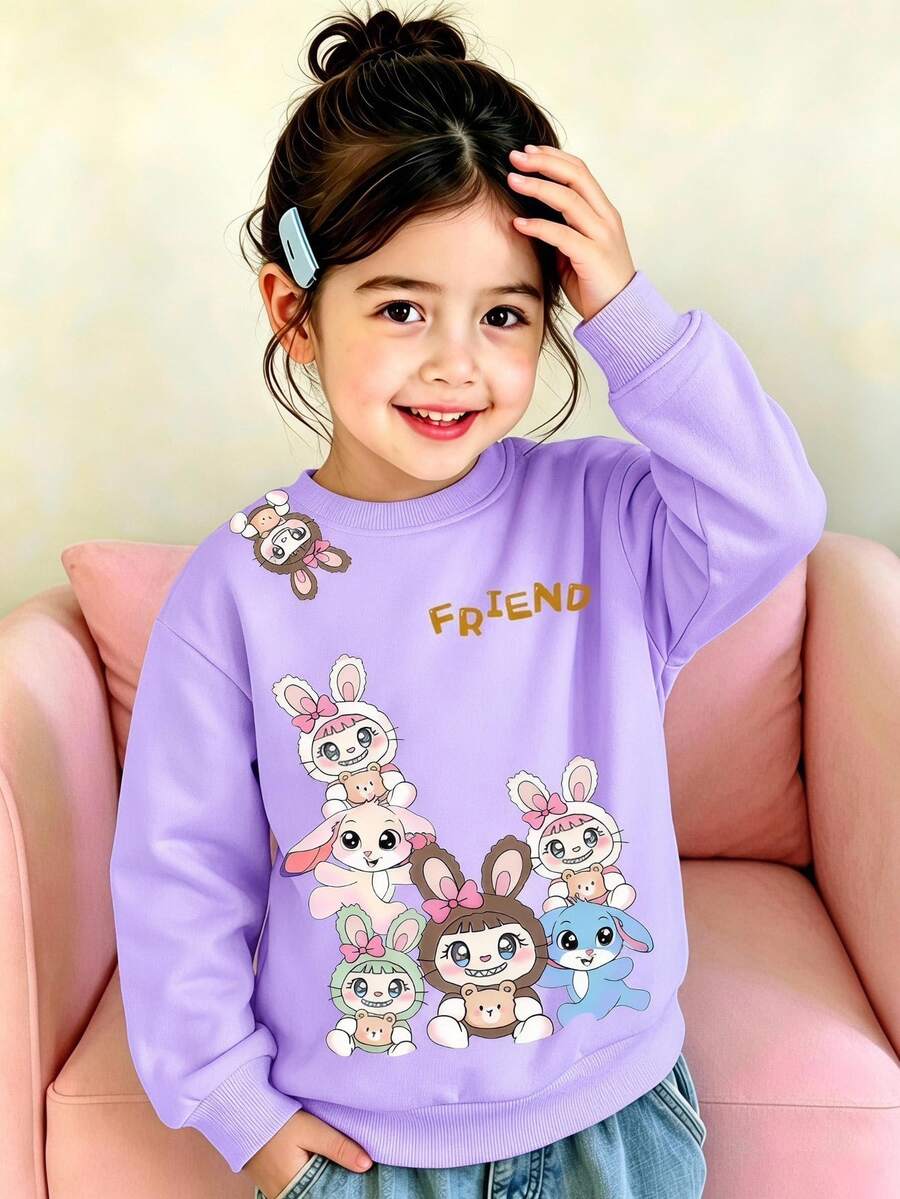SHEIN 少女可爱卡通垂耳蓝兔印花卫衣,秋冬 - 彩色 - 查看 1