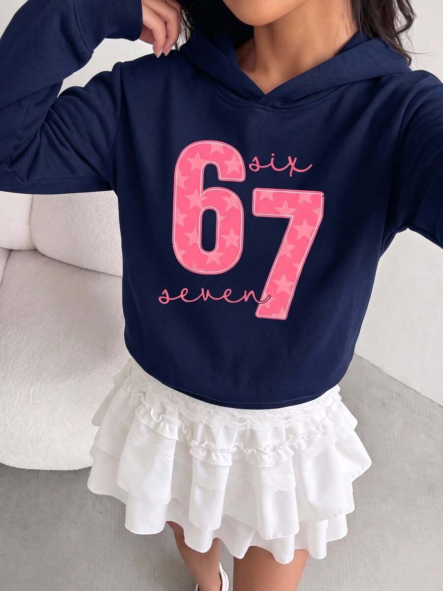 Tween Girl 1 Pc Navy Blue Sweatshirt, Autumn Casual Active Modest Back-To-School School Styles,Creative Personalized Pink Star Letter Graphic Print 67 - Navy Blue - View 1