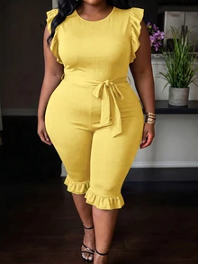 Slaydiva Jumpsuit Pendek Tanpa Lengan dengan Hiasan Ruffle untuk Wanita, Warna Hitam - Kuning - View 7