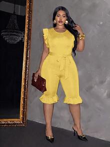 Slaydiva Jumpsuit Pendek Tanpa Lengan dengan Hiasan Ruffle untuk Wanita, Warna Hitam - Kuning - View 5