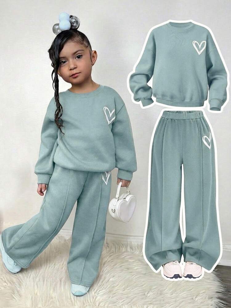 Young Girl Casual Heart Print Knit Solid Color Loose Drop Shoulder Long Sleeve Autumn Sweatshirt And Pleated Wide Leg Sweatpants Set - Dusty Blue - View 1