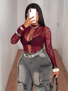 Maweii Plus Size Women's Lace Sexy Versatile Long Sleeve Bodysuit - Burgundy - View 5
