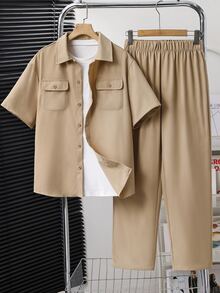 SHEIN Teen Boys Khaki Summer Matching Family Vacation 2 Pieces Set,Patch Emblem V-Neck Short Sleeve T-Shirt & Straight Leg Knit Pants For School,Sports - Beige - View 5