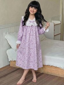 女童寬鬆休閒蕾絲拼接碎花居家服 - 淡紫色 - 查看 3