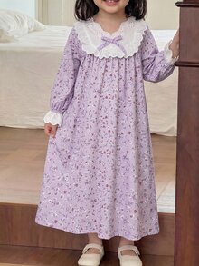 女童寬鬆休閒蕾絲拼接碎花居家服 - 淡紫色 - 查看 1