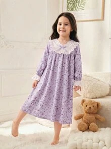 女童寬鬆休閒蕾絲拼接碎花居家服 - 淡紫色 - 查看 5