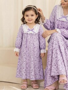女童寬鬆休閒蕾絲拼接碎花居家服 - 淡紫色 - 查看 7