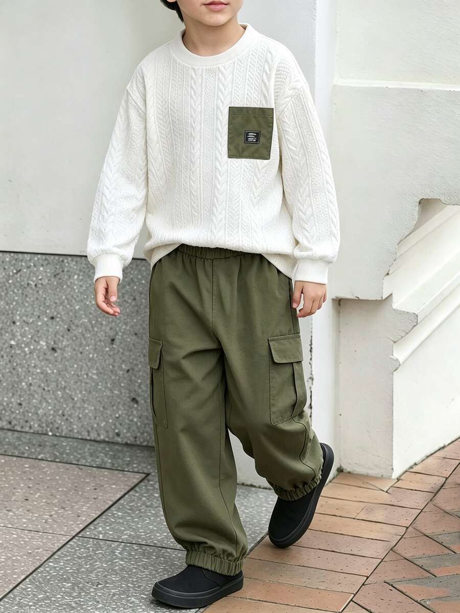 SHEIN Tween Boys 2Pcs Jacquard Sweatshirt Cargo Jogger Pants Set Back To School Preppy Early Fall White Army Green Casual Daily Kids Outfit - Multicolor - View 1