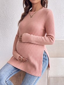 SHEIN 孕婦純色拼接設計休閒日常長袖T恤 秋季 - 藕粉色 - 查看 3