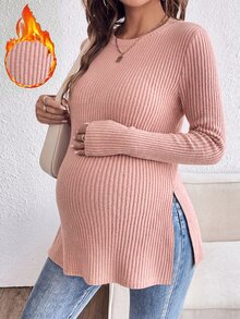 SHEIN 孕婦純色拼接設計休閒日常長袖T恤 秋季 - 藕粉色 - 查看 1