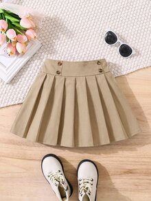 Kids Young Girl Fashionable Versatile Woven Solid Color Pleated Fitted Casual Skirt Back To School - Apricot - View 2