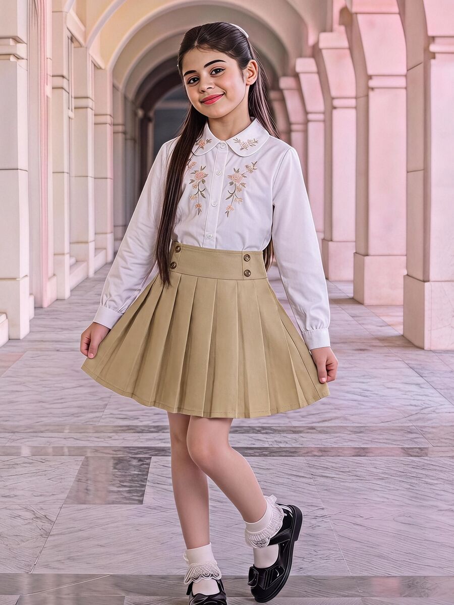 Kids Young Girl Fashionable Versatile Woven Solid Color Pleated Fitted Casual Skirt Back To School - Apricot - View 1