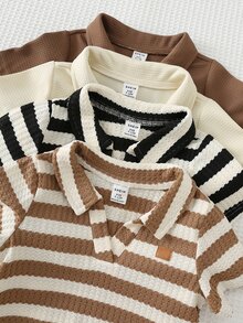 Cozy Pixies 8pcs Baby Boy Knit Soft Collar Short Sleeve Half-Zip Pullover Top & Elastic Waist Shorts Set - Multicolor - View 3