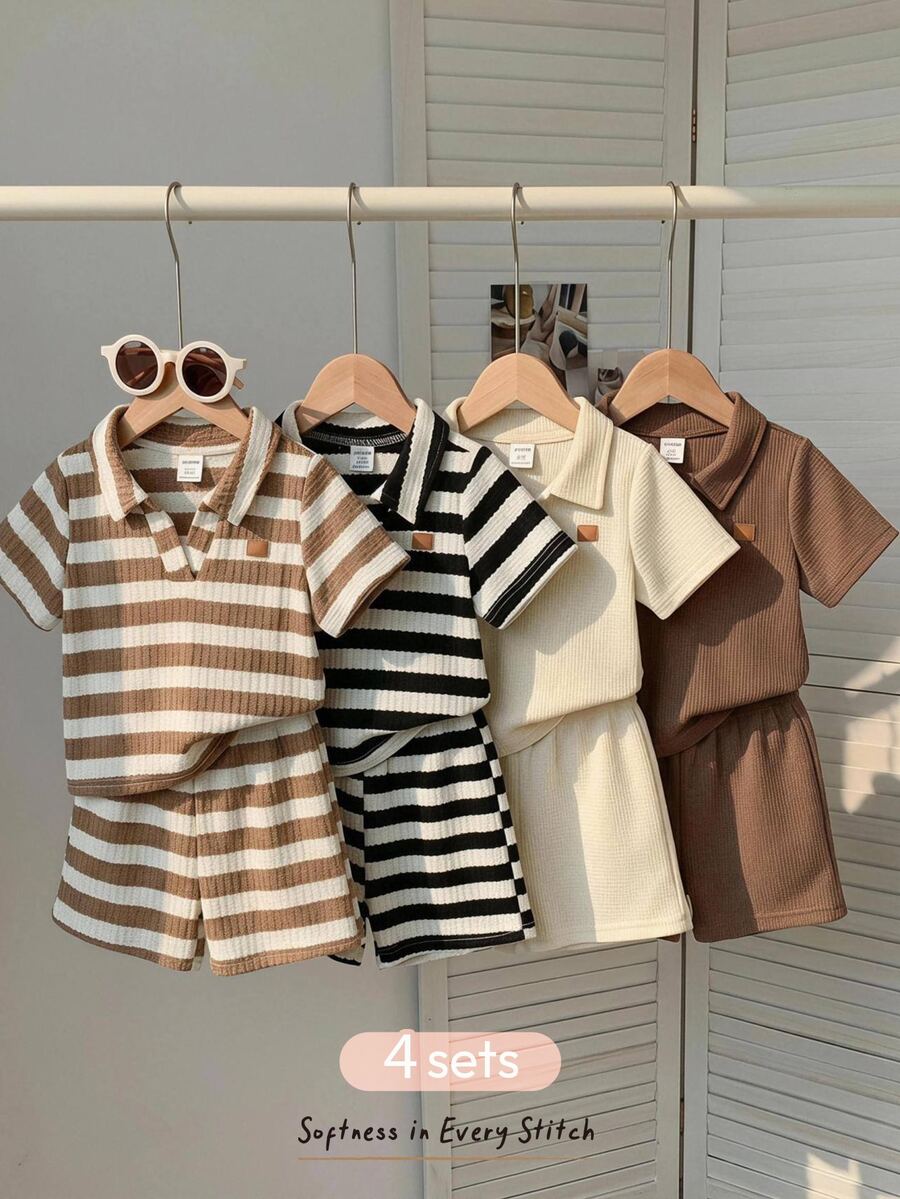 Cozy Pixies 8pcs Baby Boy Knit Soft Collar Short Sleeve Half-Zip Pullover Top & Elastic Waist Shorts Set - Multicolor - View 1