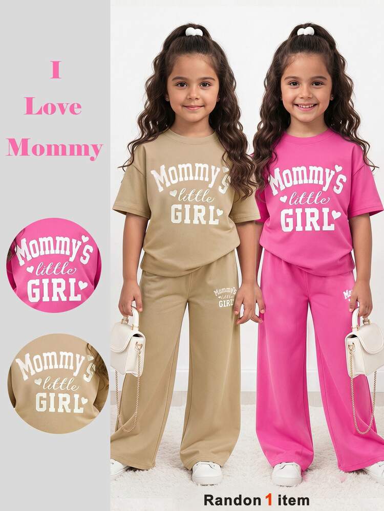 Young Girl Spring/Summer Cute Casual Minimalist Heart Print Loose Short Sleeve T-Shirt + Long Pants, Casual Fashion Street Crew Neck Oversize Loose Drop Shoulder New York Print Short Sleeve T-Shirt And Pleated Straight Leg Wide Leg Long Pants Set, Knit Sweatpants Set, Green - Khaki - View 1