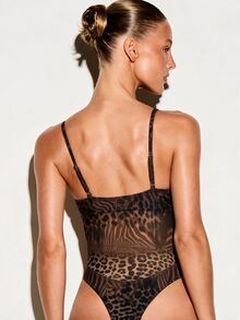 KIZN Sheer Mesh Leopard Print One-Piece Swimsuit With Spaghetti Straps And High-Cut Legs For Summer Beach - Chocolate Brown - View 3
