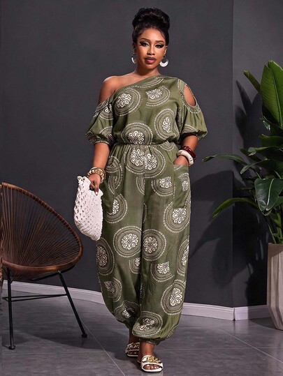 Slaydiva New Summer/Fall Plus Size Women's One Shoulder Short Sleeve Jumpsuit With Pocket/Boho/Elegant/Party/Vacation/Festival/Holiday/Olive Green Floral Print