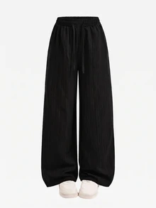 SHEIN Comfortable Long Black Pants For Tween Girls Designed Everyday Wear Wide Leg Loose Baggy Teen Fall Winter - Black - View 5