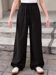SHEIN Comfortable Long Black Pants For Tween Girls Designed Everyday Wear Wide Leg Loose Baggy Teen Fall Winter - Black - View 3