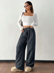 SHEIN PETITE 女款秋冬街頭時尚休閒復古燈芯絨紋理褲，寬鬆哈倫鬆垮抽繩寬腿褲，適合嬌小女性 - 灰色 - 查看 3