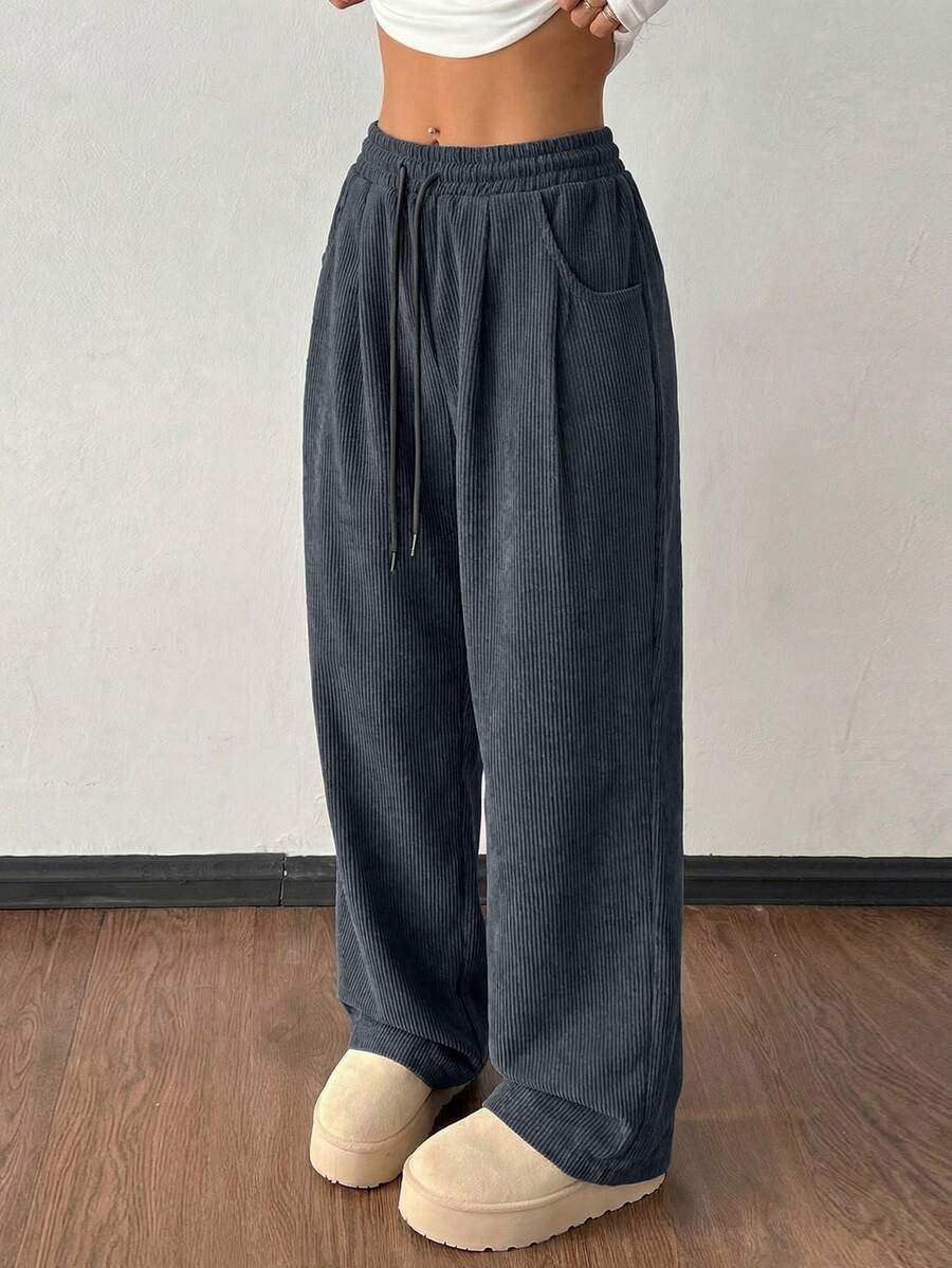 SHEIN PETITE 女款秋冬街頭時尚休閒復古燈芯絨紋理褲,寬鬆哈倫鬆垮抽繩寬腿褲,適合嬌小女性 - 灰色 - 查看 1