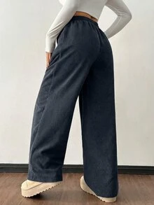 SHEIN PETITE 女款秋冬街頭時尚休閒復古燈芯絨紋理褲，寬鬆哈倫鬆垮抽繩寬腿褲，適合嬌小女性 - 灰色 - 查看 2