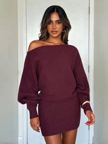Aloruh Gaun Mini Sweater Wanita Elegan dengan Leher Asimetris, Potongan Ramping, dan Bentuk Tubuh yang Membentuk Pinggang, Serbaguna untuk Beraktivitas di Luar Rumah - Burgundy - View 6
