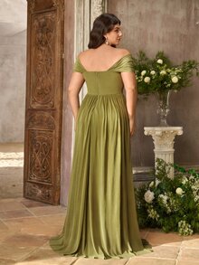 Aureia Plus Size Elegant Romantic Green Off-Shoulder Ruched Patchwork A-Line Evening Dress, Suitable For Evening Party, Date, Ball, Vacation, Wedding, Event, Bridesmaid Dress - Green - View 6