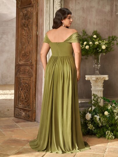 Aureia Plus Size Elegant Classy Romantic Olive Green Cold Shoulder Ruched Patchwork A-Line Evening Dress Prom Bridal Bridesmaid Wedding Winter