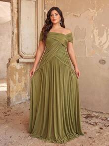 Aureia Plus Size Elegant Romantic Green Off-Shoulder Ruched Patchwork A-Line Evening Dress, Suitable For Evening Party, Date, Ball, Vacation, Wedding, Event, Bridesmaid Dress - Green - View 2