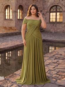 Aureia Plus Size Elegant Romantic Green Off-Shoulder Ruched Patchwork A-Line Evening Dress, Suitable For Evening Party, Date, Ball, Vacation, Wedding, Event, Bridesmaid Dress - Green - View 8