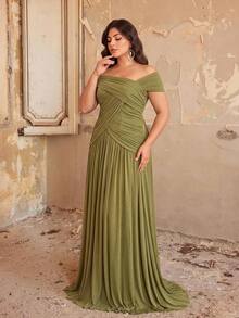Aureia Plus Size Elegant Romantic Green Off-Shoulder Ruched Patchwork A-Line Evening Dress, Suitable For Evening Party, Date, Ball, Vacation, Wedding, Event, Bridesmaid Dress - Green - View 5